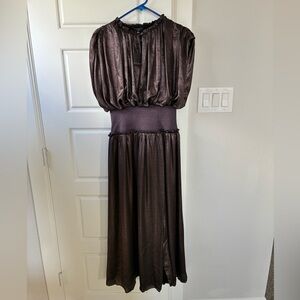 Metallic Brown Puff-Sleeve Midi Dress